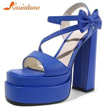 Noi Sosiri Gheare Femme Alb Pătrat Albastru Tocuri inalte fluture nod de Vara Femei Sandale Elegante Doamnelor Pantofi de Dimensiuni Mari 34-43