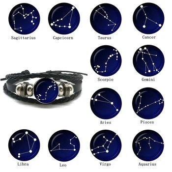Noua Moda 12 Constelație Brățară Bărbați Femei Zodia Negru Din Piele Wrap Brățară Nebula Star Astrologie Bijuterii Imagine 0