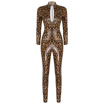 Noua Sexy Leopard de Imprimare Salopete Wetlook Faux din Piele Catsuit din PVC Latex Bodysuit Clubwear Fetish Erotic Fierbinte Dans Pol Costum