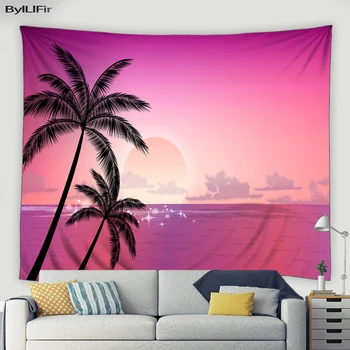 Peisaje Plajă Tapiserie Soare Răsărit De Valurile Oceanului Palmier Camera De Zi Dormitor Pe Perete Estetice Decorul Camerei De Artă, Tapiserii