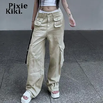 PixieKiki Y2k Streetwear Low Rise Jeans pentru Femei Pantaloni Stil coreean Multi-buzunar de Încărcături Kaki Pantaloni din Denim P67-EG48 Imagine 0