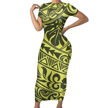 Prețul Cu Ridicata Design Personalizat Polineziene Tribal Fundal Verde Cu Frunze De Monstera Doamnelor Vara Strâns Stil Retro Rochie Imagine 0