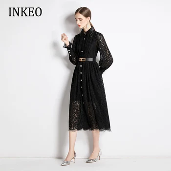 Primăvara Femei Dantelă rochie camasa cu curea Negru de Mari dimensiuni Felinar maneca Maxi Rochie 2023 Haine de Vară Streetwear INKEO 2D164 Imagine 0