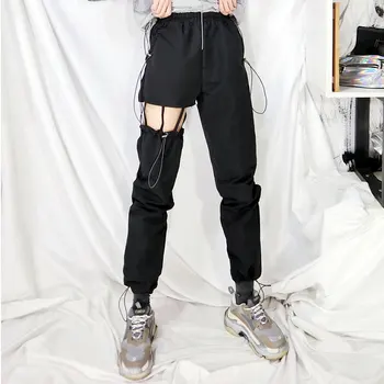 Primăvară Neagră Street Style Talie Elastic Găuri Pantaloni Harem Pentru Femei Hollow Out Casual Trousters De Marfă S-Au Rupt Pantalonii