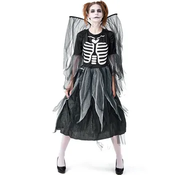 Scary Halloween Femei Negru Îngerii Căzuți Schelet Costume De Sex Feminin Zombie Demon Cosplay Carnaval De Purim Joc De Rol Rochie De Petrecere