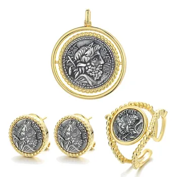 SET ZFSILVER S925 Argint Moda Saturnus Retro Aur Monedă Antică Set Cercei Inele Pandantiv Fără Lanț Femei Bijuterii de Nunta