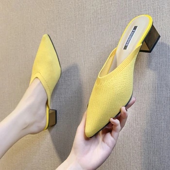 Sexy Papuci De Femei Pantofi Pentru Femeie Catâri Noi De Vara Solidă Tesatura Strech De Acoperire A Subliniat Deget De La Picior Pătrat Tocuri Inalte Pantofi Casual Diapozitive