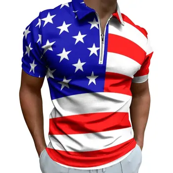 Steagul American Tricouri Polo Alb Patriotic Stele De Imprimare Tricou Casual De Zi Cu Zi Trend Cu Fermoar T-Shirt Cu Maneci Scurte Supradimensionat Îmbrăcăminte Imagine 0