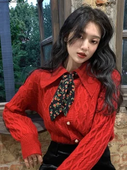 stil coreean roșu topuri tricotate scurte de Toamna Iarna pentru Femei Inner Bottom Tricou Papusa Guler Cardigan Haine Pulover de Crăciun Imagine 0
