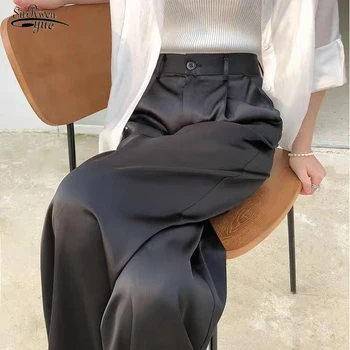 Toamna Casual coreean Largi Picior Pantaloni pentru Femei Negru Clasic Drept de Înaltă Talie Pantaloni de Vara de Matase Satin Pantaloni Femei 21907 Imagine 0