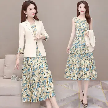 Toamna femei Sacouri Casual Sling Florale Rochie din Două Piese 2022 Noua Moda Sacou Costum Fusta Midi Set coreean Elegant Set