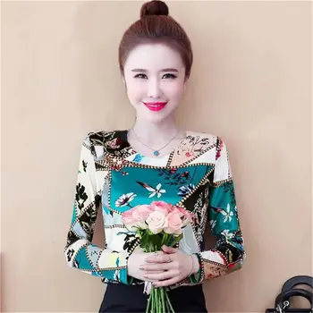 Toamna Subțire de Catifea tricou Nou-coreean de Imprimare Slim Bottom Tricou Femei Cald Bluze Fiminina Blusa 4XL