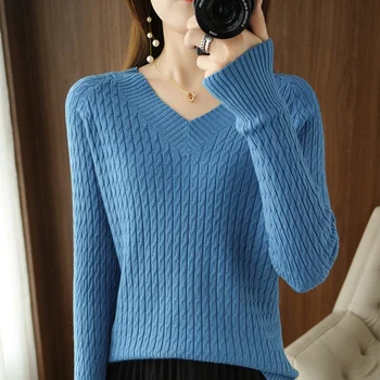 Toamna și iarna nou stil v-gât pulover pulover pulover vrac pulover gros femei culoare solidă