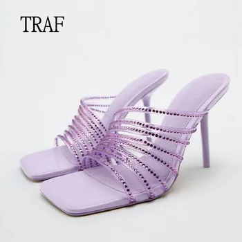 TRAF Femeie Sandale cu Toc 2022 Noi Deget de la picior Pătrat Bling Tocuri Papuci de casă Moda de Vara Sandale Tocuri cui Pompe de Pantofi Femei Imagine 0