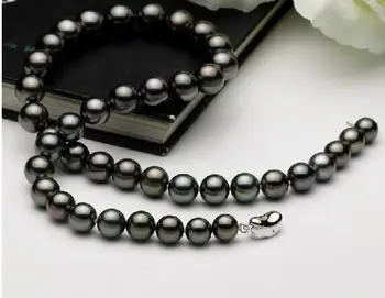uimitoare 9-10mm tahitian rotund negru perla necklace18inch Imagine 0