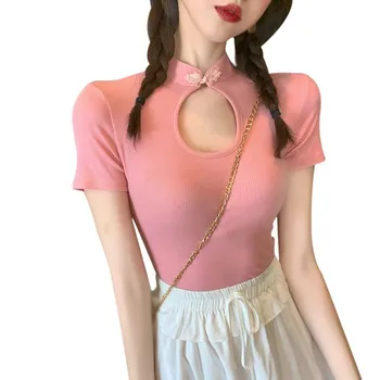 Vara Femei Stil Chinezesc Cheongsam Tricou Vintage De Culoare Solidă Maneca Scurta Tricouri Femei Topuri Butonul Gol Afară Crop Top Tee