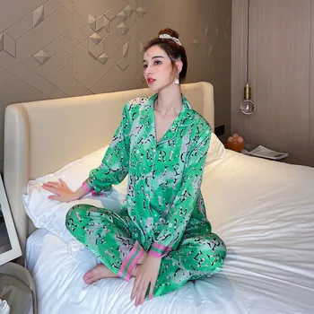 Verde camasa de noapte, Pijama Costum de îmbrăcăminte de noapte 2022 Noi Acasă Haine de Imprimare Sleepwear Set pentru Dormit de sex Feminin Lenjerie Intima 2 BUC Camasa si Pantaloni