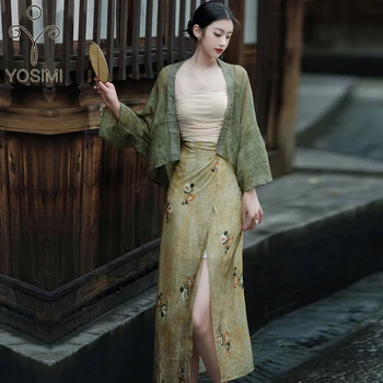 YOSIMI Stil Chinezesc Hanfu 2022 Vara Maneca Lunga Strat de Bumbac si partea de Sus de Flori Fusta 3 Piece Set Haine Vintage Vestido Feminino