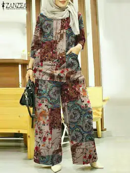 ZANZEA 2022 Elegant Abaya Seturi de Potrivire Femeile Musulmane Seturi Puff Maneca Bluze Imprimate Pantaloni Largi Picior de sex Feminin Floral Treninguri Imagine 0