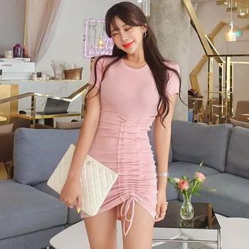 2020 Vara Toamna Ori Noi Femeile coreene Gât Subțire Hip Maneca Scurta de culoare Roz Mini Rochie Sexy Cordon Z422 Imagine 1
