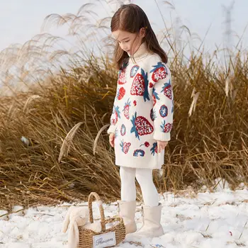 2021 Noua Toamna Iarna Pentru Copii Fete Cald Gros Genunchi-Lungime Rochie Model De Imprimare Guler Maneca Lunga Pulover Tricotate Rochii X07 Imagine 1