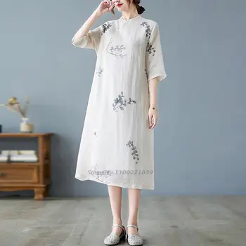 2022 orientală chineză qipao rochie tradițională lenjerie de pat din bumbac rochie qipao femei floare de imprimare cheongsam rochie retro de dans popular rochie Imagine 1