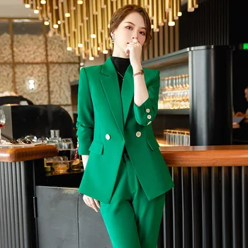 2022 Toamna Iarna Formale Doamnelor Verde Sacou Femei Costume de Afaceri cu Seturi de Uzura de Muncă de Birou Uniforme 5XL Dimensiune Pantaloni Sacou Imagine 1