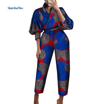 Africa de Haine pentru Femei Top si Pantaloni Seturi Bazin Riche Bumbac Felinar Mâneci Tricouri 2 Bucati Femeile Africane Pantaloni Haine WY914 Imagine 1