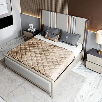American lumina lux, pat dublu Italian din piele moale pachet de 1,8 m din lemn masiv, pat model proprietar dormitor net red pat de nuntă Imagine 1