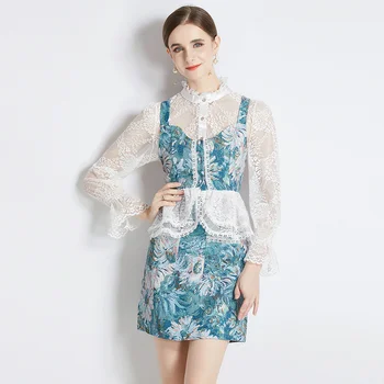 Banulin Pista de Toamnă 3 Piece Set pentru Femei Plasă de Broderie Bluze + Crop Top Vesta + Print Floral Jacquard Fusta Mini Costum Imagine 1