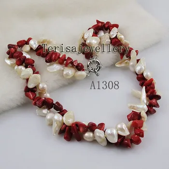 Baroc, Colier de Perle 2Rows Alb Perle de apă Dulce Roșu Coral Colier Handmade Bijuterii de Moda Perfect Lady Cadou Imagine 1