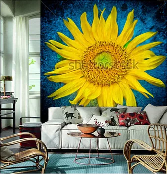 Cele mai recente picturi murale 3D,impresionism floarea-soarelui papel de parede. Living, canapea, TV perete de fundal, dormitor hârtie de perete. Imagine 1