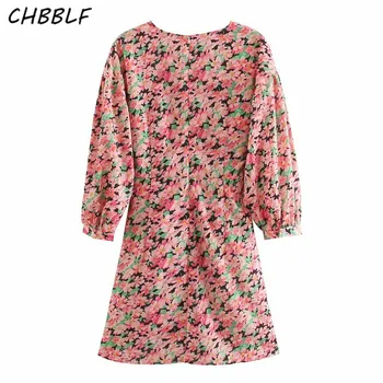 CHBBLF femei retro imprimare florale rochie mini papion maneca trei sferturi fermoar spate feminin rochii elegante vestidos mujer O9562 Imagine 1
