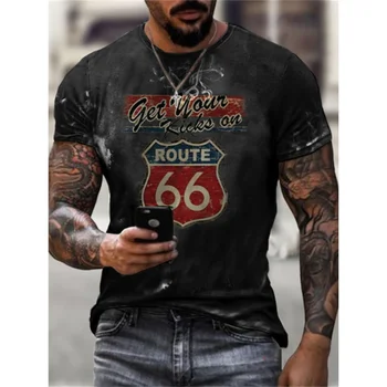 Clasic 66 T-Shirt pentru Bărbați Supradimensionate Liber 3d Digitale de Imprimare T-Shirt Retro Litere Cămașă cu Mânecă Scurtă, O-Neck de Vară pentru Bărbați Imagine 1