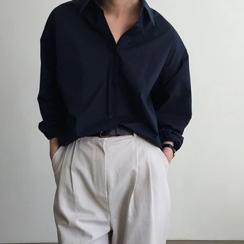 Coreeană OL Stil Liber Doamnelor Topuri 2020 Toamna Bluze din Bumbac Vintage Solidă Cardigan Tricouri Femei Alb cu Maneci Lungi Tricou 10156 Imagine 1