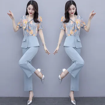 De Vară 2020 Femei Din Două Piese Set Elegant Floare De Imprimare Maneca Scurta Bluza Costume Pantaloni Largi Picior Pantaloni De Costum Imagine 1