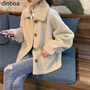 Dinboa-jachete Femei Vrac Trunchiate Fleece Epocă Harajuku Moale, Dulce, Fată Miei Haină de Lână Îngroșa Largi de Iarnă de Moda coreeană Imagine 1