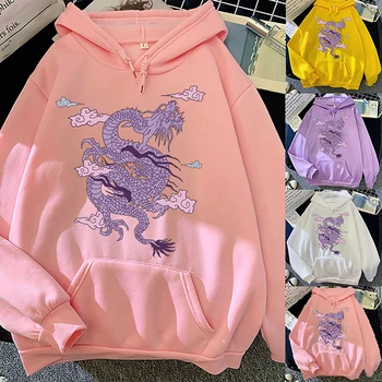 Dragon Print Hoodies Femei Tricou Bomboane De Culoare Harajuku Cu Glugă Topuri Casual Mâneci Lungi Buzunare De Sex Feminin Pulover Imagine 1