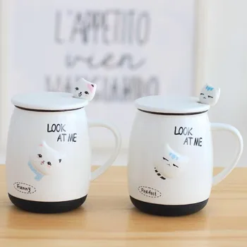 Drăguț cana ceramica coreean creative cupa personalitate cuplu cafea cu lapte de mare capacitate simplu cana cu capac lingura Imagine 1