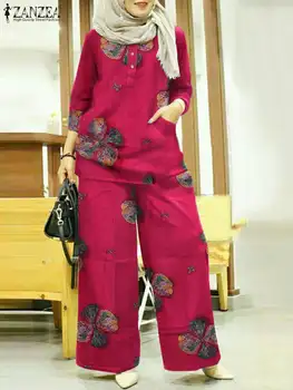 Elegant Tipărite Trening Femei Musulmane Costume ZANZEA Casual Maneca 3/4 Bluze Florale Pantaloni de Potrivire Seturi de Costume Supradimensionate 2 BUC Imagine 1