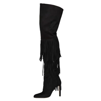 Femei Iarna Negru Turma De Piele Peste Genunchi Cizme De Moda Franjuri Decor Aluneca Pe Toc Înalt, Subțire Lung Papuceii De Înaltă Calitate Imagine 1