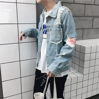 Harajuku bf vânt bărbați rupt spălate denim sacou stil coreean vrac moda sacou jacheta trendy Imagine 1