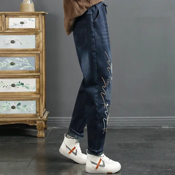 Iarna Coreea Moda Punk Streetwear Femei Haine Imprimate Albastru Cald Blugi Vintage Denim Pantaloni De Blană, Pantaloni Harem Pantaloni Imagine 1