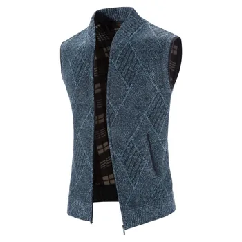 Iarna tricotate vesta bărbați pe plus catifea groasă diamond model jacheta cu guler cardigan pulover barbati sacou fără mâneci Imagine 1