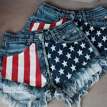 Imbracaminte pentru femei de 4 iulie, Ziua Independenței Steagul American Star Ciucure Doamnă Fierbinte Sexy, pantaloni Scurți din Denim Fata Servitoare Navy Blue Jeans Imagine 1