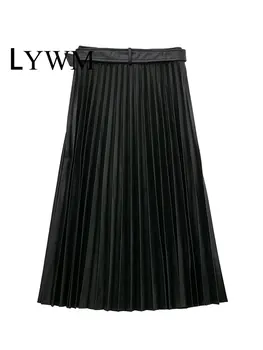 LYWM Femei de Moda PU Solid Plisata Fusta Midi Vintage cu Talie Înaltă Feminin Chic Lady Fuste Mujer Utilaje Imagine 1