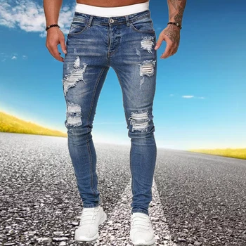 Mens Rupt Blugi Skinny Albastru Se Potrivesc Slim Fit Gaura Creion Pantaloni Motociclist Pantaloni Casual, Streetwear 2020 Denim De Înaltă Calitate De Om De Îmbrăcăminte Imagine 1