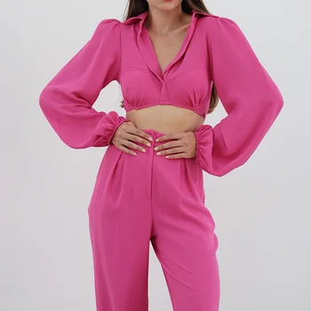 Noi francez de Moda de Îmbrăcăminte pentru Femei Bubble Sleeve Expuse Buric Design Sentiment Mici Pantaloni Picior Temperament Tinuta Casual Set Imagine 1