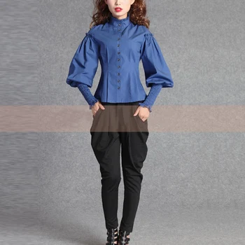 Noua Primavara-Vara Femei Bal Tricou de Bumbac Picior de Oaie Maneca Epocă Gotică Bluza feminin Casual Slim Alb-Albastru, Tricouri Imagine 1