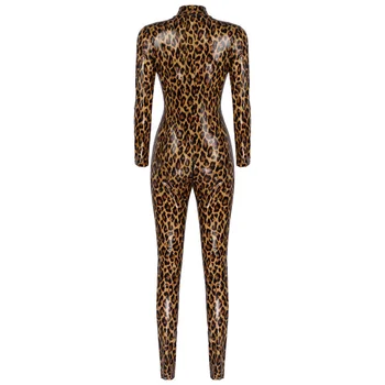 Noua Sexy Leopard de Imprimare Salopete Wetlook Faux din Piele Catsuit din PVC Latex Bodysuit Clubwear Fetish Erotic Fierbinte Dans Pol Costum Imagine 1